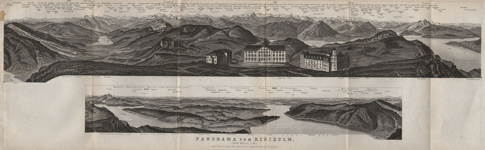 PANORAMA from/von RIGIKULM 1800m. Küssnacht. Switzerland Schweiz 1897 old map